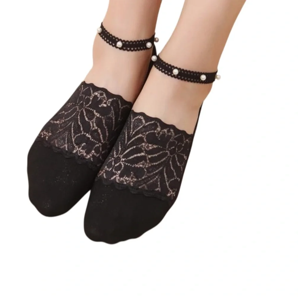 Pearl Lace Black No Show Socks Cotton Four Pair Ankle Strap White Pearl Accents